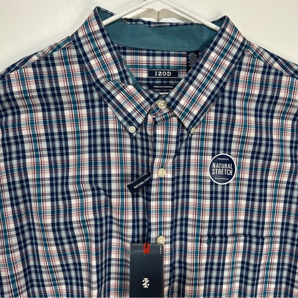 Izod Men's 3XL Tall Blue and Teal Plaid Button Up Natural Stretch Shirt NWT - Picture 2 of 13